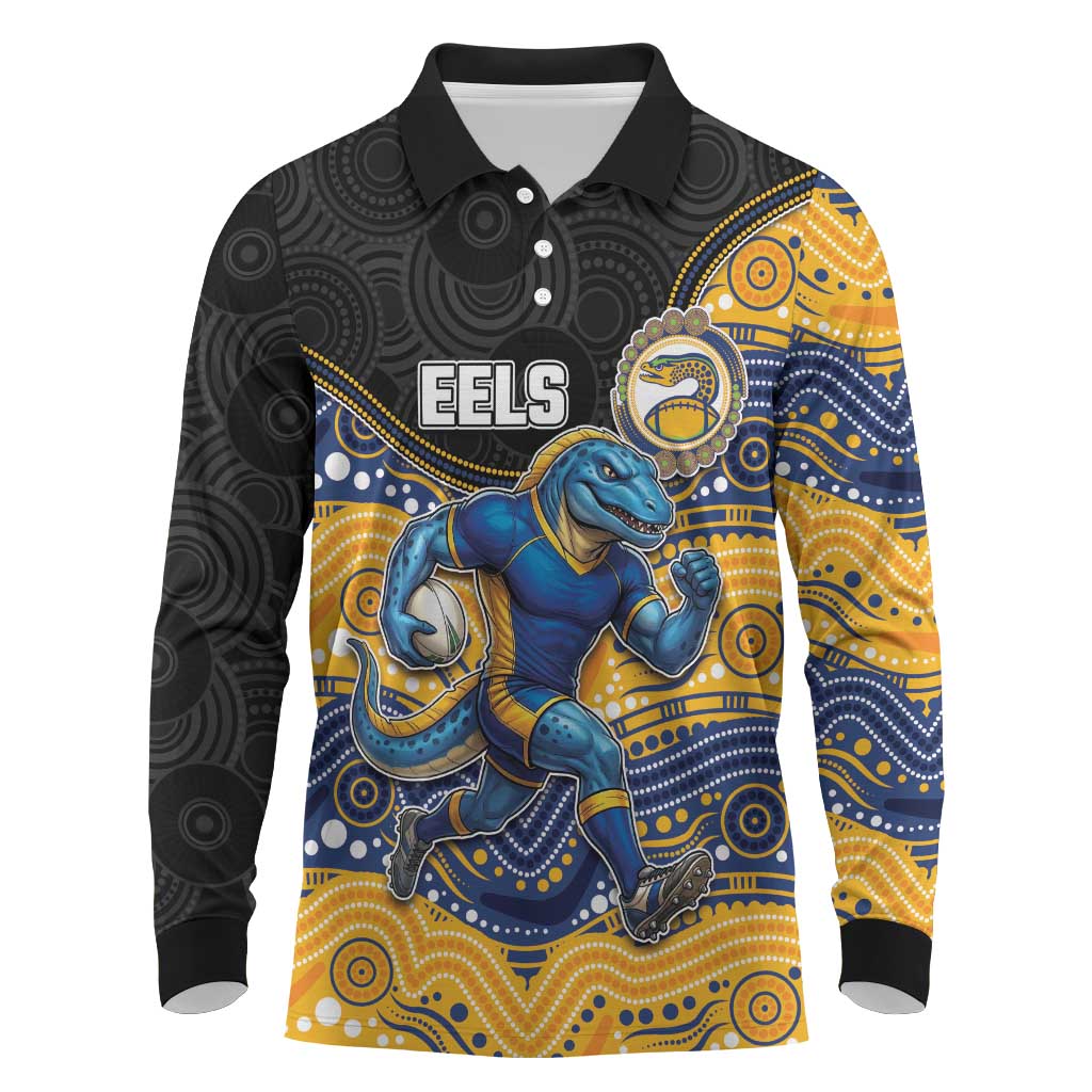 Custom Eels Long Sleeve Polo Shirt Eel Mascot With Aboriginal Indigenous