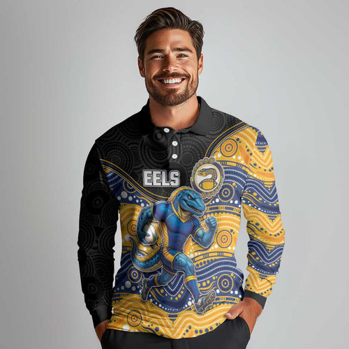 Custom Eels Long Sleeve Polo Shirt Eel Mascot With Aboriginal Indigenous
