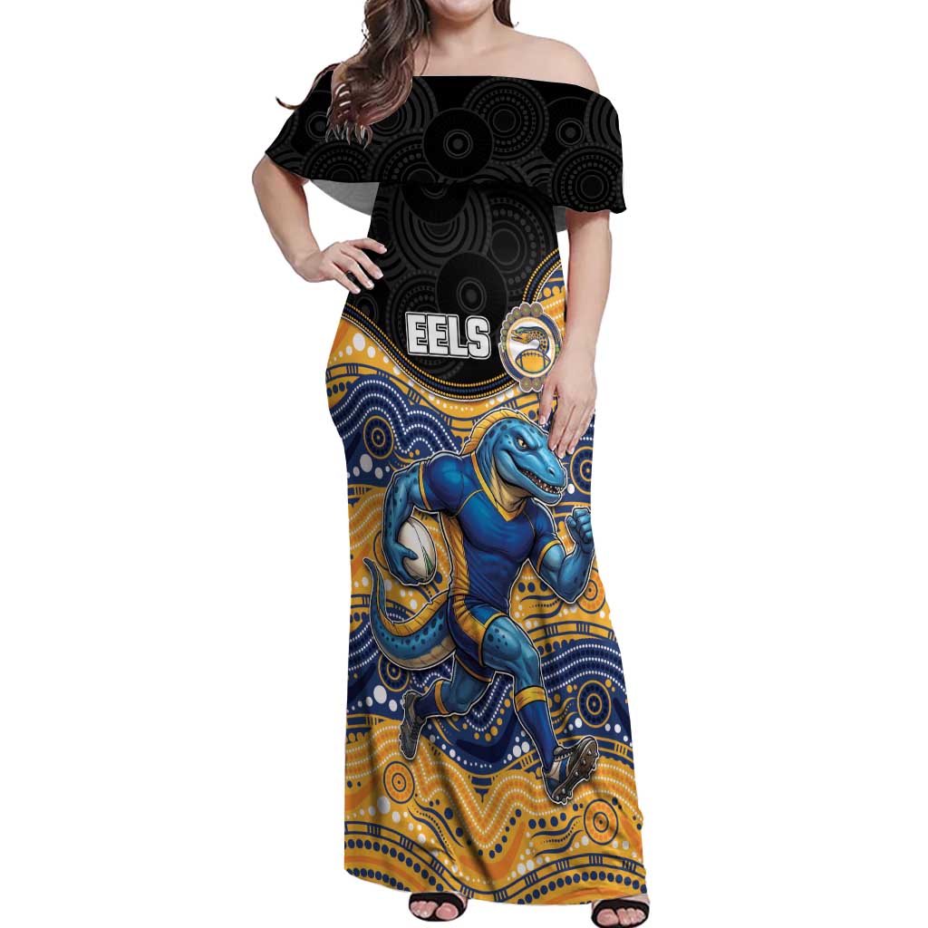 Custom Eels Off Shoulder Maxi Dress Eel Mascot With Aboriginal Indigenous