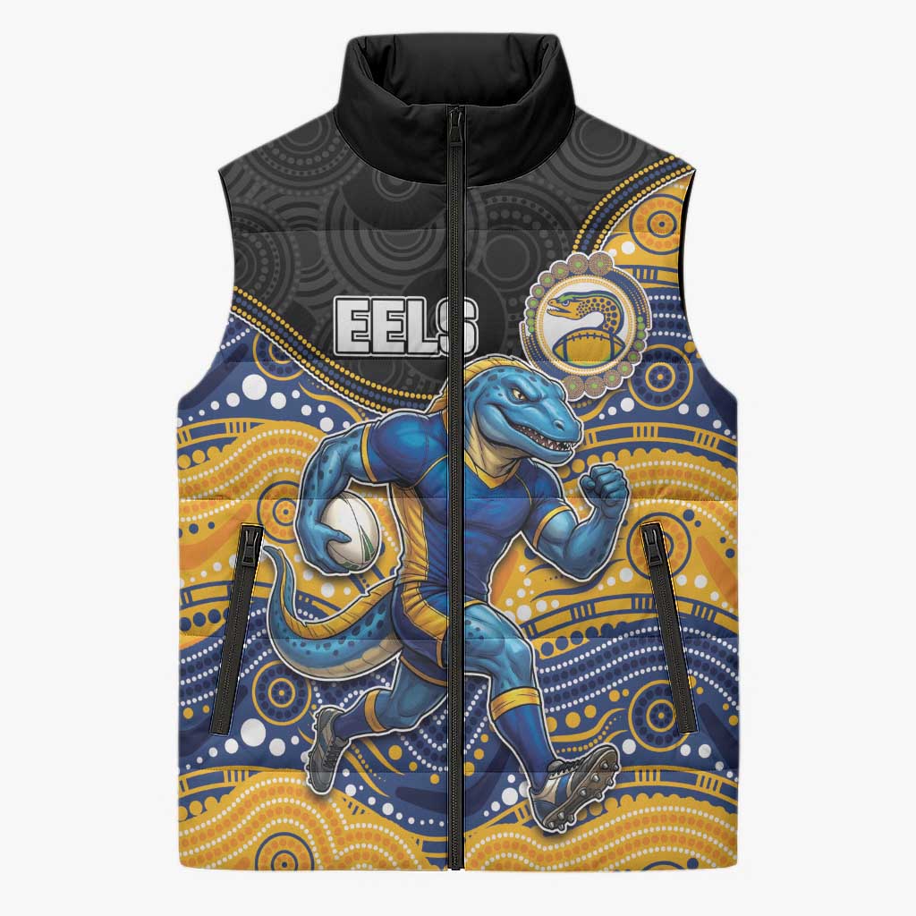 Custom Eels Sleeveless Puffer Jacket Eel Mascot With Aboriginal Indigenous