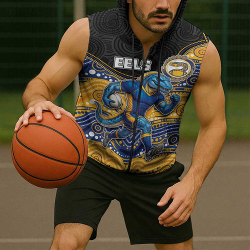 Custom Eels Sleeveless Zip Hoodie Eel Mascot With Aboriginal Indigenous