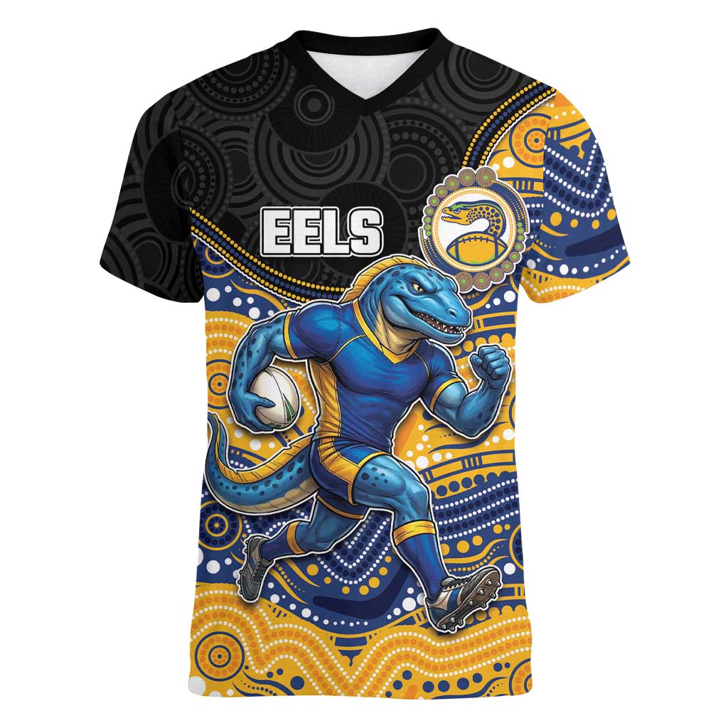 Custom Eels Women V-Neck T-Shirt Eel Mascot With Aboriginal Indigenous