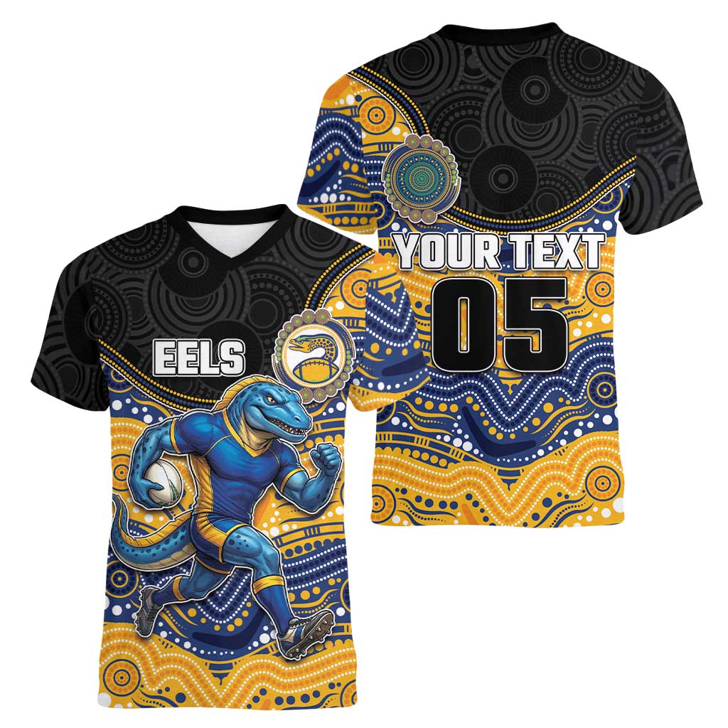 Custom Eels Women V-Neck T-Shirt Eel Mascot With Aboriginal Indigenous