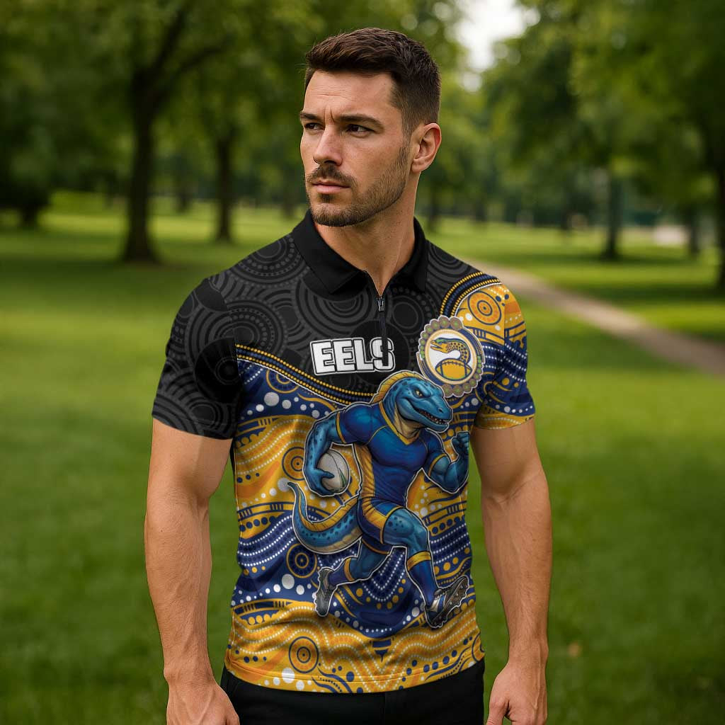 Custom Eels Zipper Polo Shirt Eel Mascot With Aboriginal Indigenous