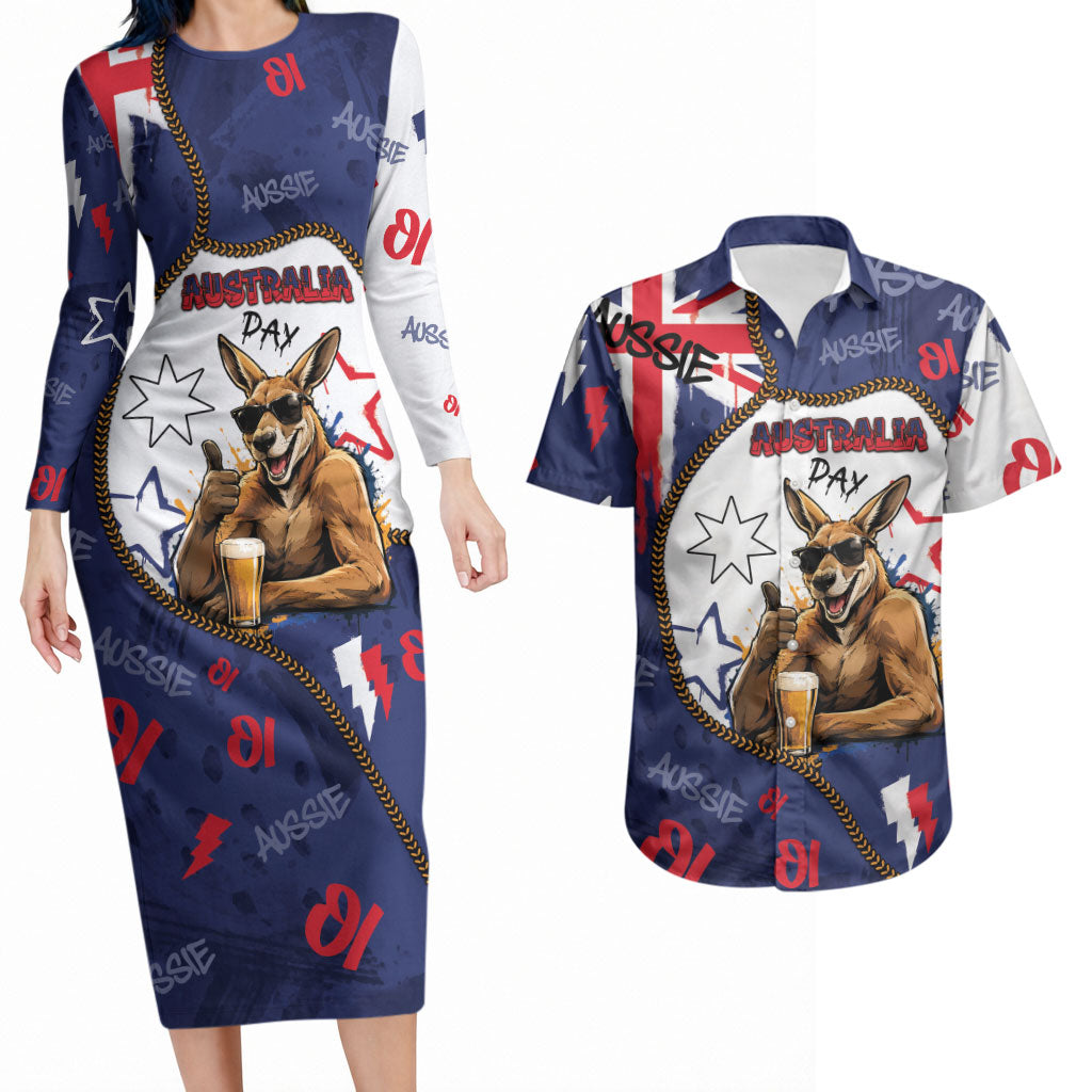 Australia Flag Day Couples Matching Long Sleeve Bodycon Dress and Hawaiian Shirt Cool Kangaroo Beer Aussie Aussie Oi Oi