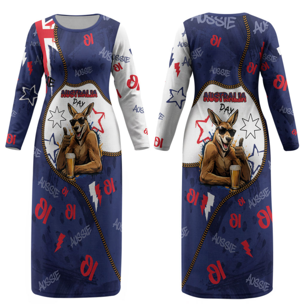 Australia Flag Day Couples Matching Long Sleeve Bodycon Dress and Hawaiian Shirt Cool Kangaroo Beer Aussie Aussie Oi Oi