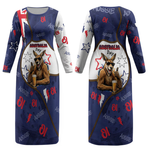 Australia Flag Day Couples Matching Long Sleeve Bodycon Dress and Hawaiian Shirt Cool Kangaroo Beer Aussie Aussie Oi Oi