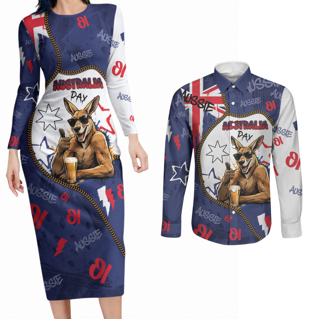 Australia Flag Day Couples Matching Long Sleeve Bodycon Dress and Long Sleeve Button Shirt Cool Kangaroo Beer Aussie Aussie Oi Oi