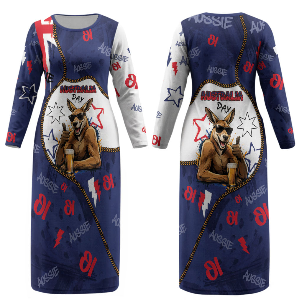 Australia Flag Day Couples Matching Long Sleeve Bodycon Dress and Long Sleeve Button Shirt Cool Kangaroo Beer Aussie Aussie Oi Oi