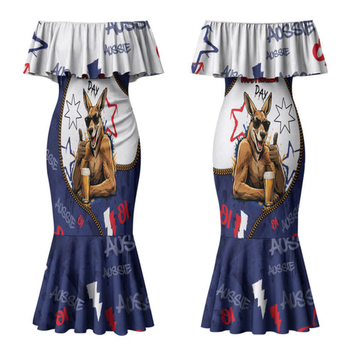 Australia Flag Day Couples Matching Mermaid Dress and Hawaiian Shirt Cool Kangaroo Beer Aussie Aussie Oi Oi