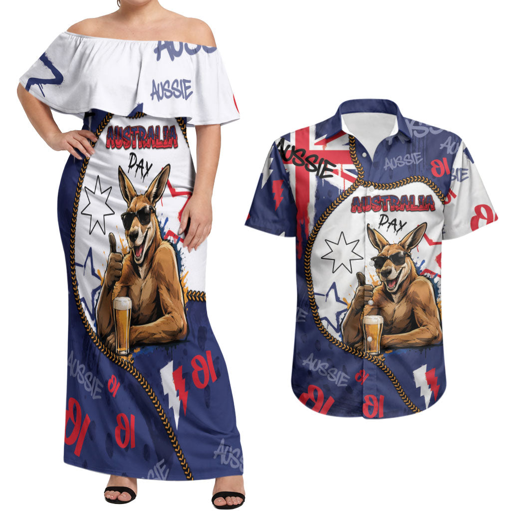 Australia Flag Day Couples Matching Off Shoulder Maxi Dress and Hawaiian Shirt Cool Kangaroo Beer Aussie Aussie Oi Oi