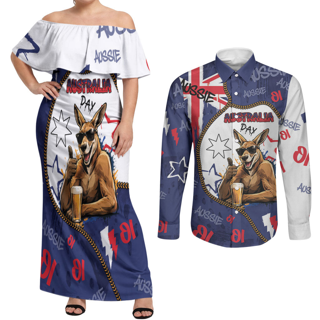 Australia Flag Day Couples Matching Off Shoulder Maxi Dress and Long Sleeve Button Shirt Cool Kangaroo Beer Aussie Aussie Oi Oi