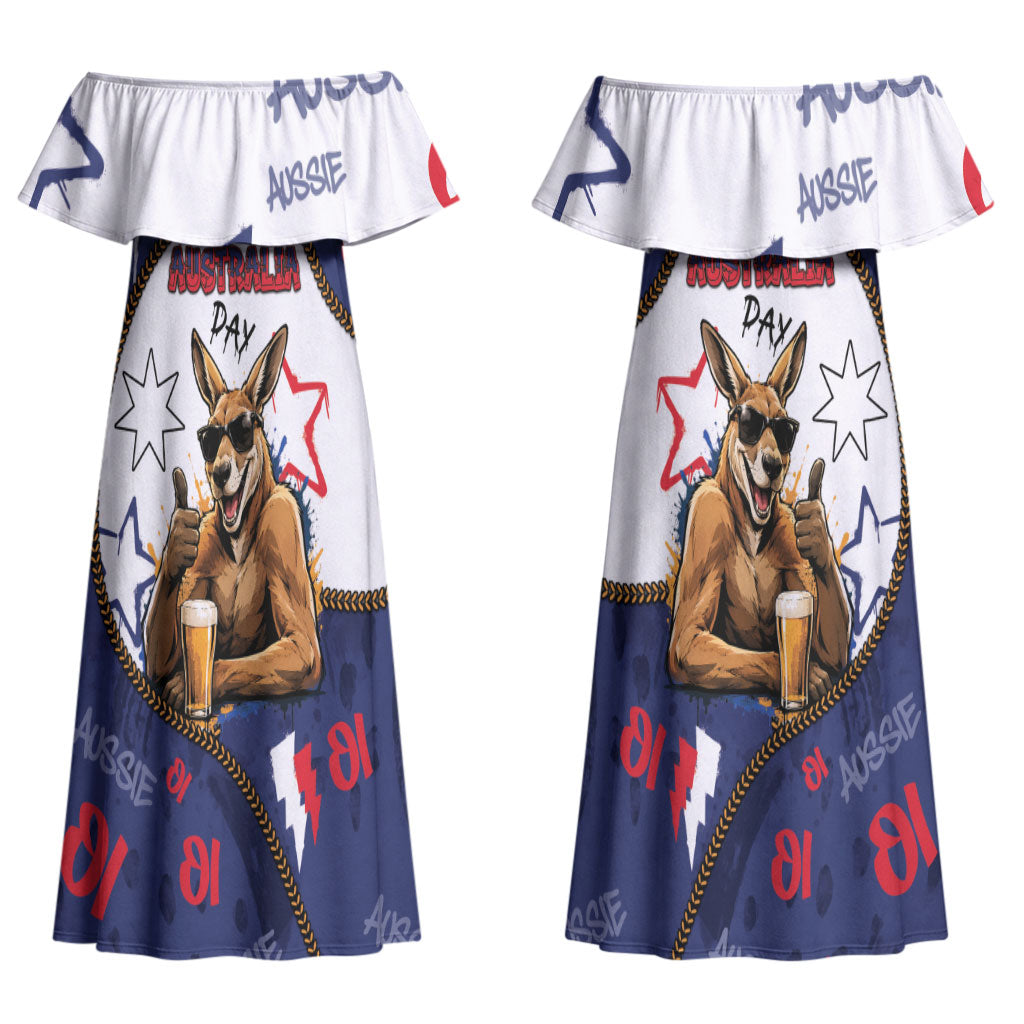 Australia Flag Day Couples Matching Off Shoulder Maxi Dress and Long Sleeve Button Shirt Cool Kangaroo Beer Aussie Aussie Oi Oi