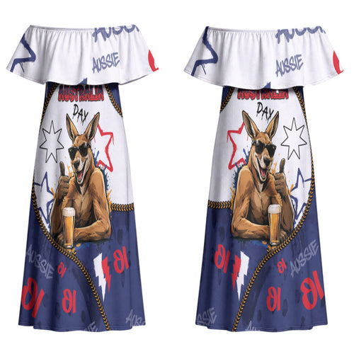 Australia Flag Day Couples Matching Off Shoulder Maxi Dress and Long Sleeve Button Shirt Cool Kangaroo Beer Aussie Aussie Oi Oi