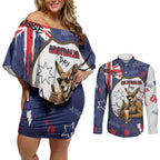 Australia Flag Day Couples Matching Off Shoulder Short Dress and Long Sleeve Button Shirt Cool Kangaroo Beer Aussie Aussie Oi Oi