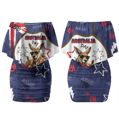Australia Flag Day Couples Matching Off Shoulder Short Dress and Long Sleeve Button Shirt Cool Kangaroo Beer Aussie Aussie Oi Oi