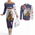 Australia Flag Day Couples Matching Off The Shoulder Long Sleeve Dress and Long Sleeve Button Shirt Cool Kangaroo Beer Aussie Aussie Oi Oi
