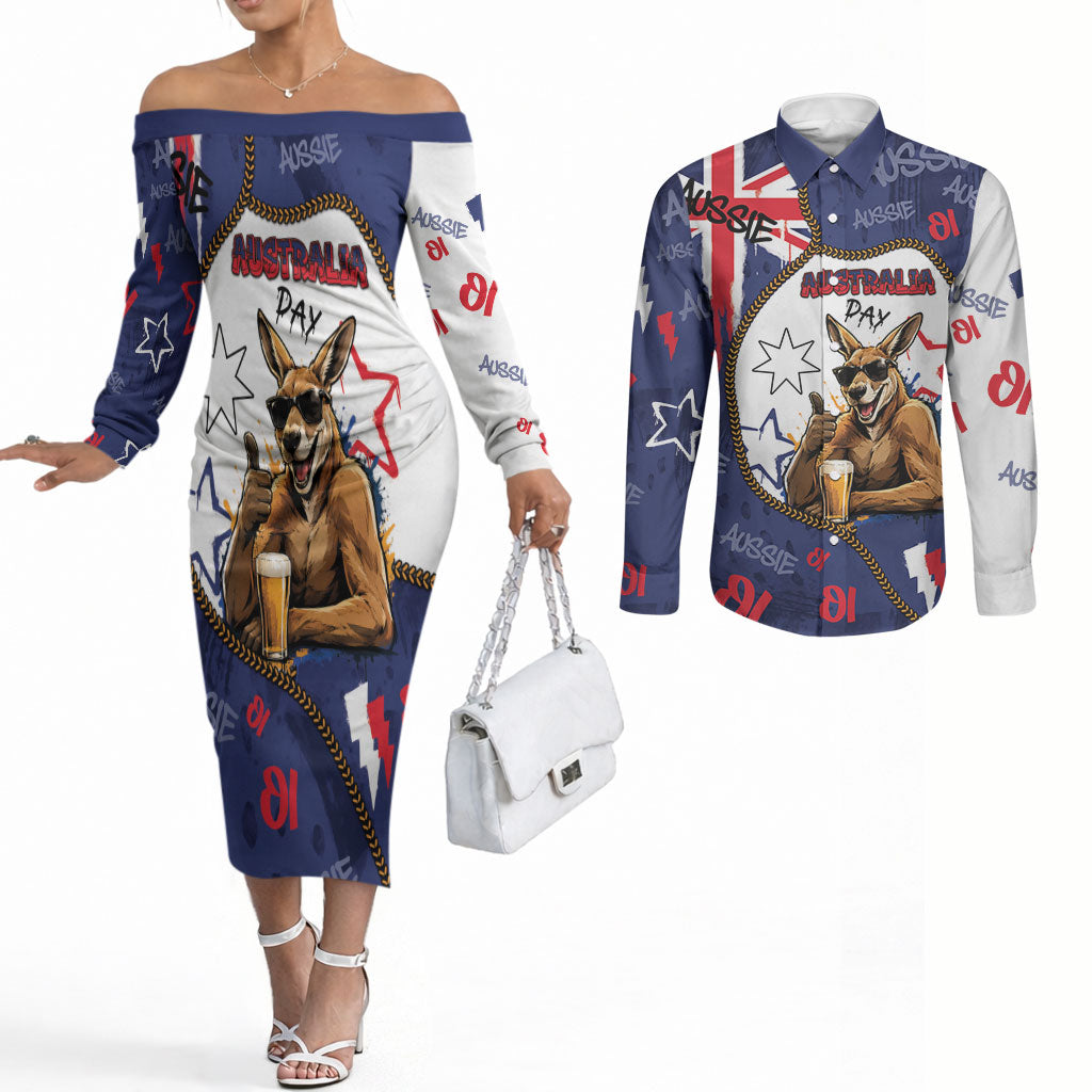 Australia Flag Day Couples Matching Off The Shoulder Long Sleeve Dress and Long Sleeve Button Shirt Cool Kangaroo Beer Aussie Aussie Oi Oi