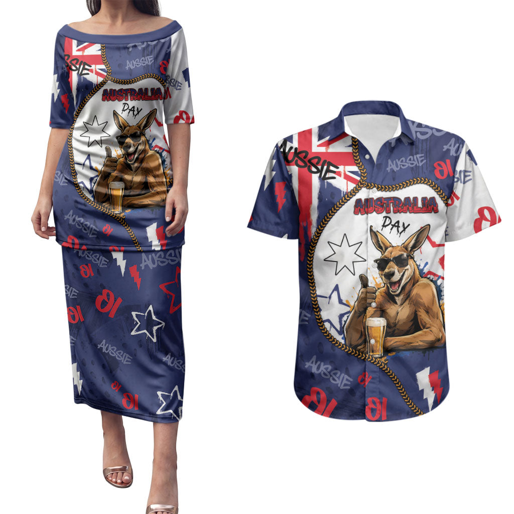 Australia Flag Day Couples Matching Puletasi and Hawaiian Shirt Cool Kangaroo Beer Aussie Aussie Oi Oi