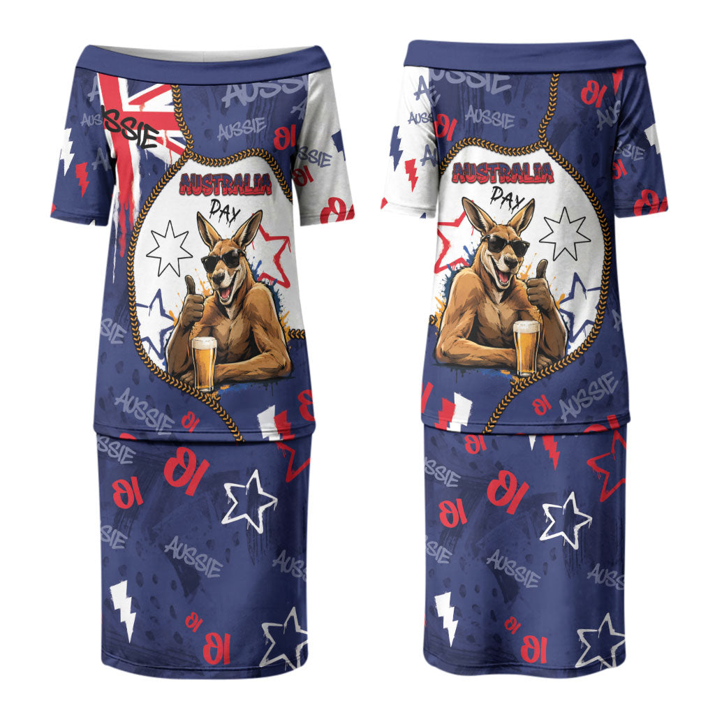 Australia Flag Day Couples Matching Puletasi and Hawaiian Shirt Cool Kangaroo Beer Aussie Aussie Oi Oi
