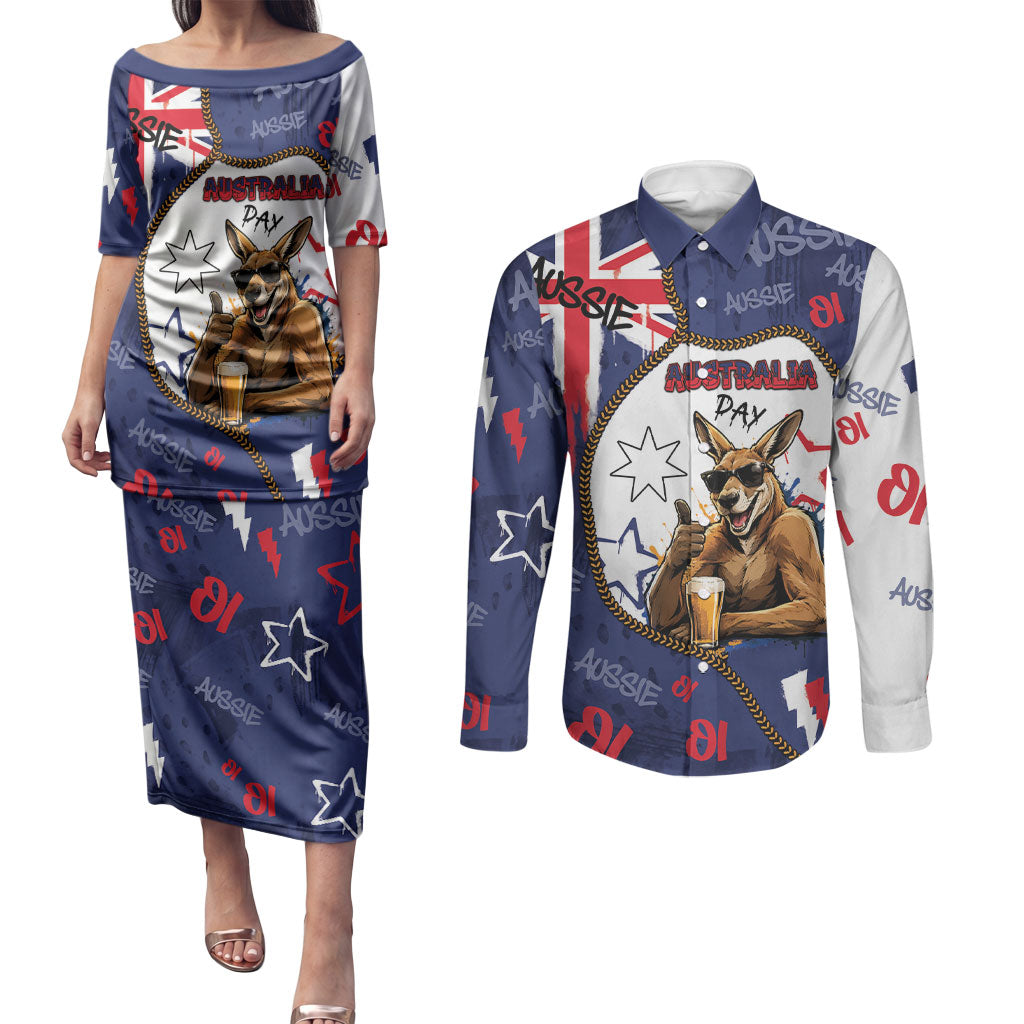 Australia Flag Day Couples Matching Puletasi and Long Sleeve Button Shirt Cool Kangaroo Beer Aussie Aussie Oi Oi