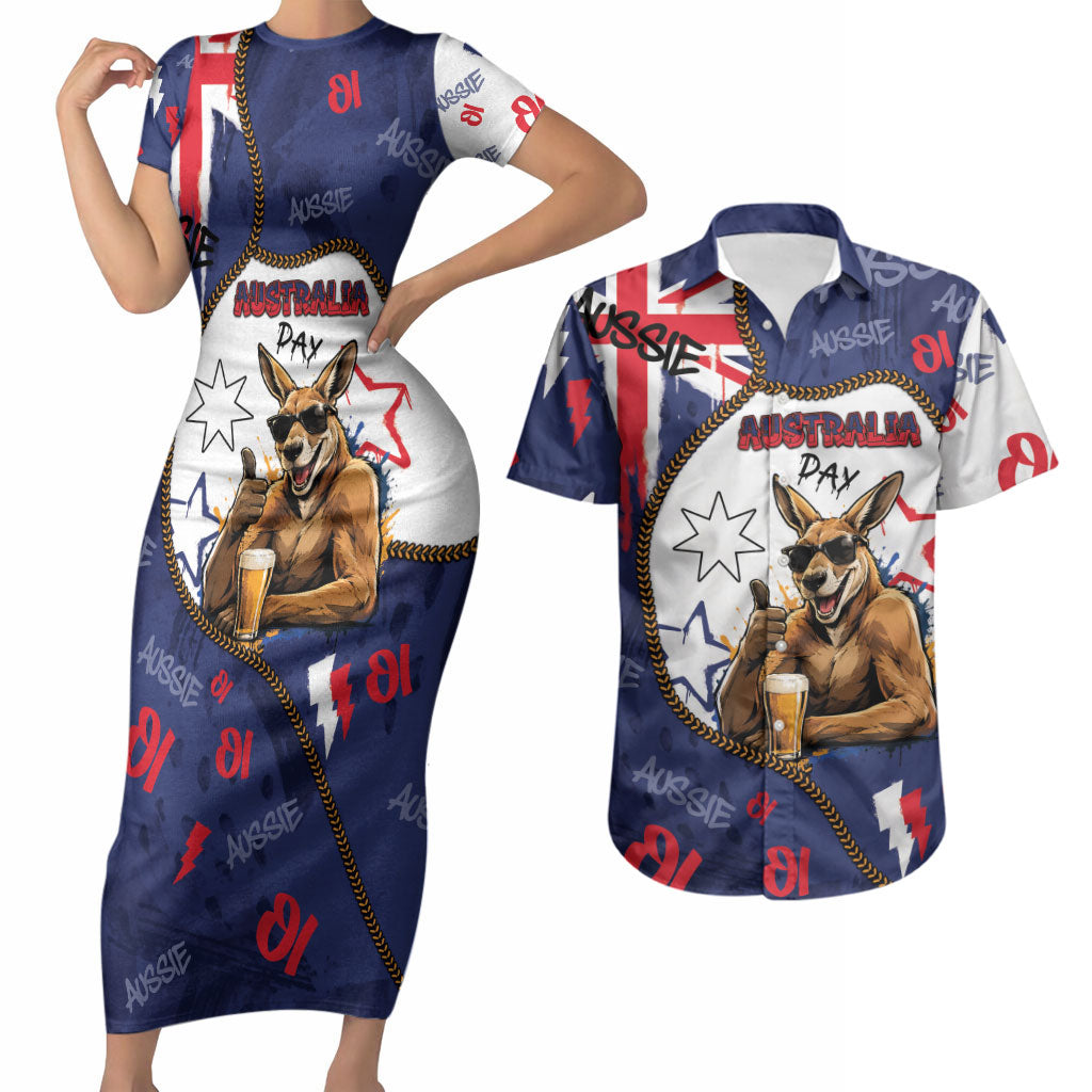 Australia Flag Day Couples Matching Short Sleeve Bodycon Dress and Hawaiian Shirt Cool Kangaroo Beer Aussie Aussie Oi Oi