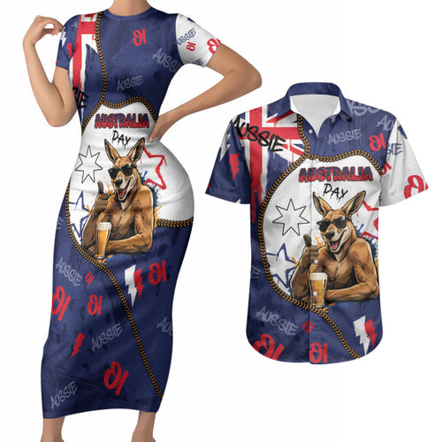 Australia Flag Day Couples Matching Short Sleeve Bodycon Dress and Hawaiian Shirt Cool Kangaroo Beer Aussie Aussie Oi Oi