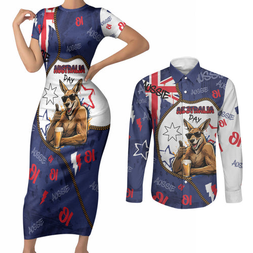 Australia Flag Day Couples Matching Short Sleeve Bodycon Dress and Long Sleeve Button Shirt Cool Kangaroo Beer Aussie Aussie Oi Oi