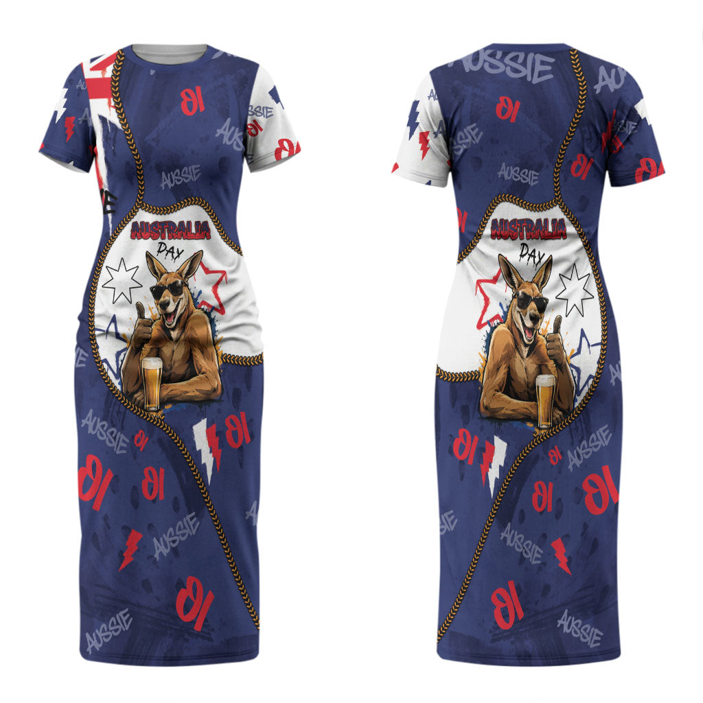 Australia Flag Day Couples Matching Short Sleeve Bodycon Dress and Long Sleeve Button Shirt Cool Kangaroo Beer Aussie Aussie Oi Oi