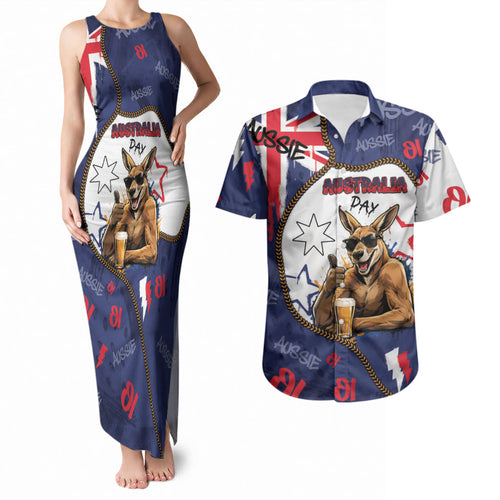 Australia Flag Day Couples Matching Tank Maxi Dress and Hawaiian Shirt Cool Kangaroo Beer Aussie Aussie Oi Oi