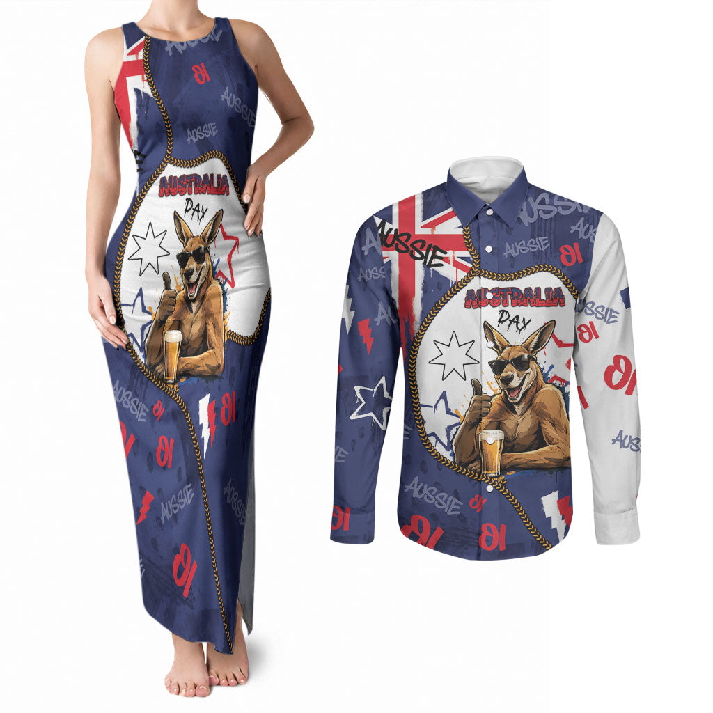 Australia Flag Day Couples Matching Tank Maxi Dress and Long Sleeve Button Shirt Cool Kangaroo Beer Aussie Aussie Oi Oi