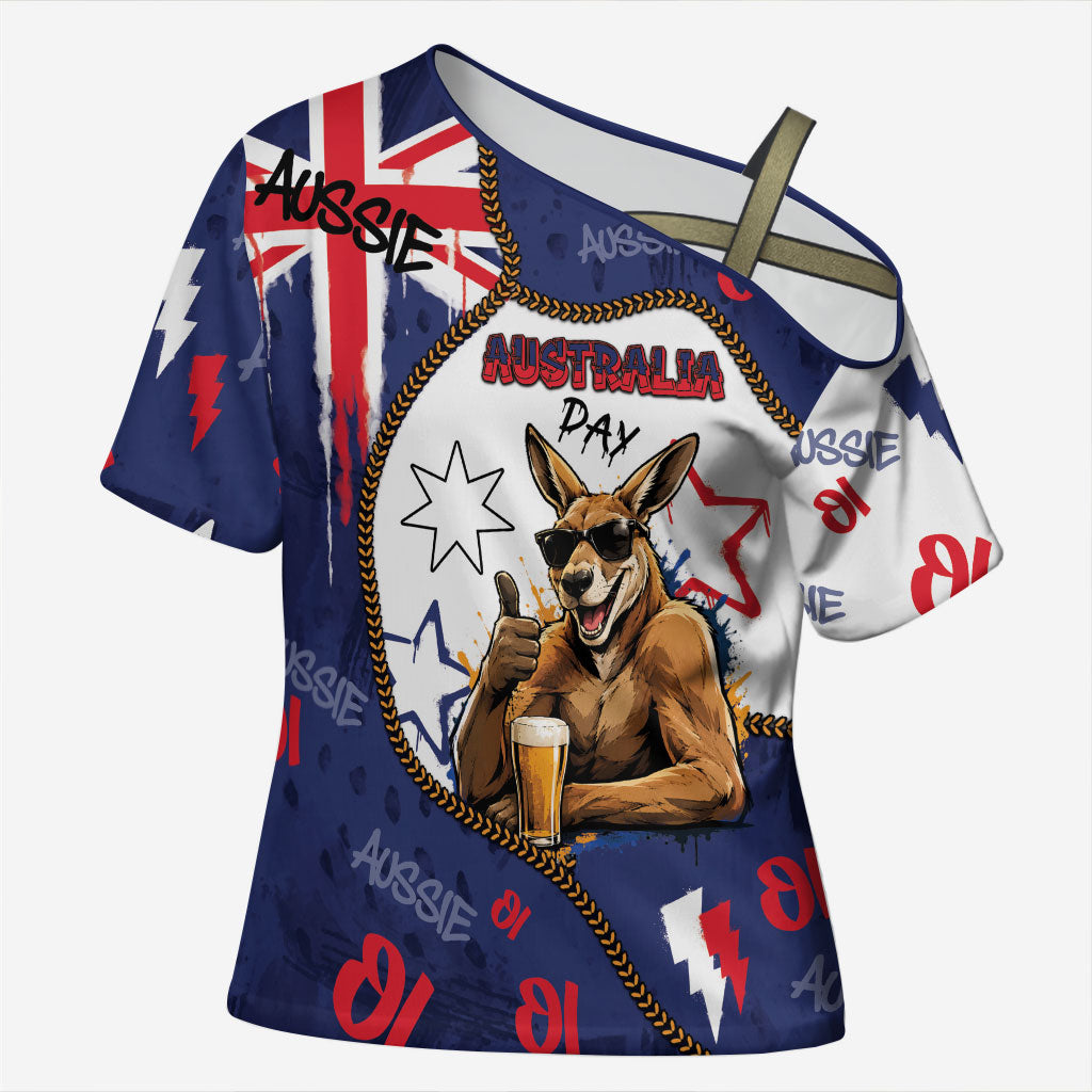 Australia Flag Day Cross Shoulder Shirt Cool Kangaroo Beer Aussie Aussie Oi Oi