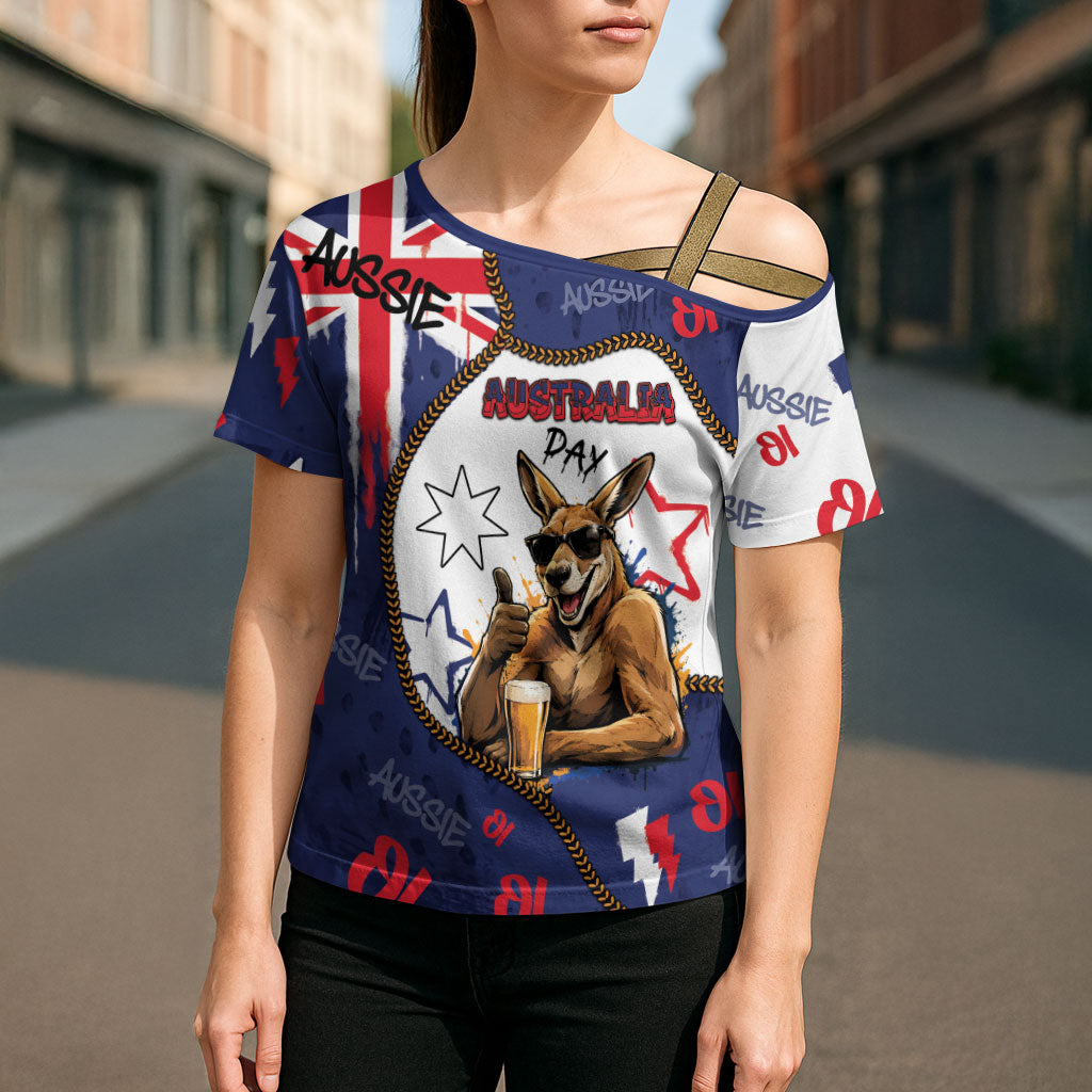 Australia Flag Day Cross Shoulder Shirt Cool Kangaroo Beer Aussie Aussie Oi Oi