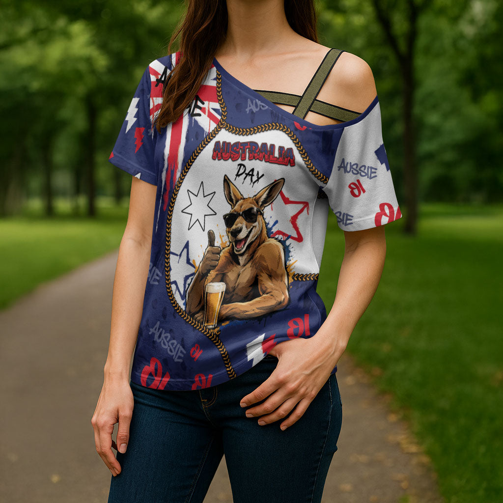 Australia Flag Day Cross Shoulder Shirt Cool Kangaroo Beer Aussie Aussie Oi Oi