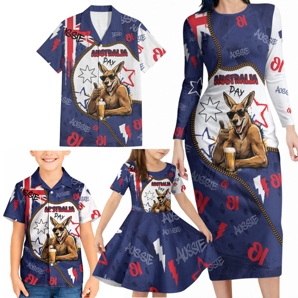 Australia Flag Day Family Matching Long Sleeve Bodycon Dress and Hawaiian Shirt Cool Kangaroo Beer Aussie Aussie Oi Oi