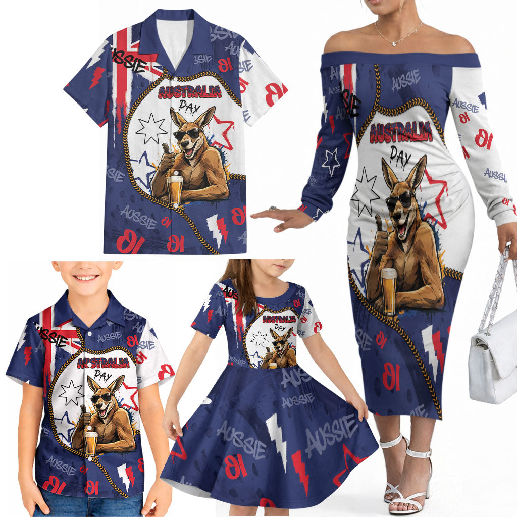 Australia Flag Day Family Matching Off The Shoulder Long Sleeve Dress and Hawaiian Shirt Cool Kangaroo Beer Aussie Aussie Oi Oi