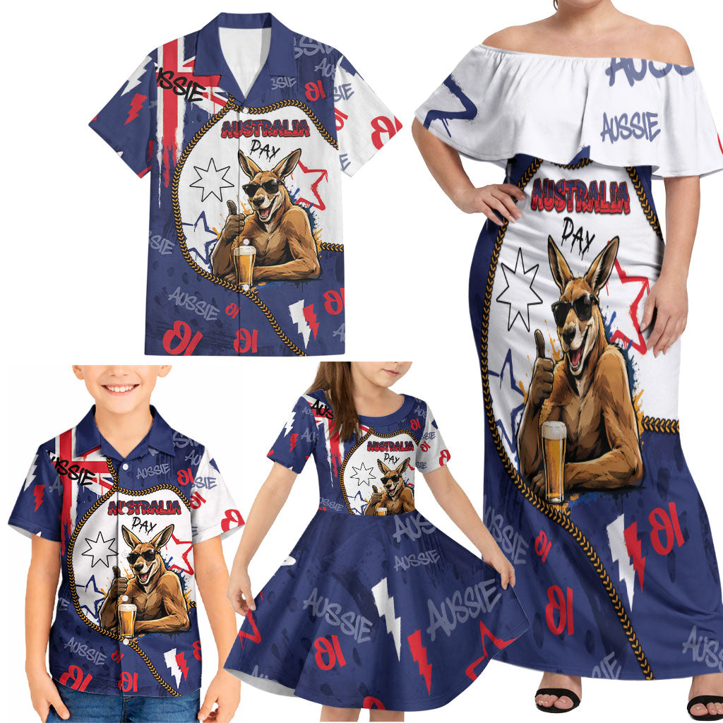 Australia Flag Day Family Matching Off Shoulder Maxi Dress and Hawaiian Shirt Cool Kangaroo Beer Aussie Aussie Oi Oi