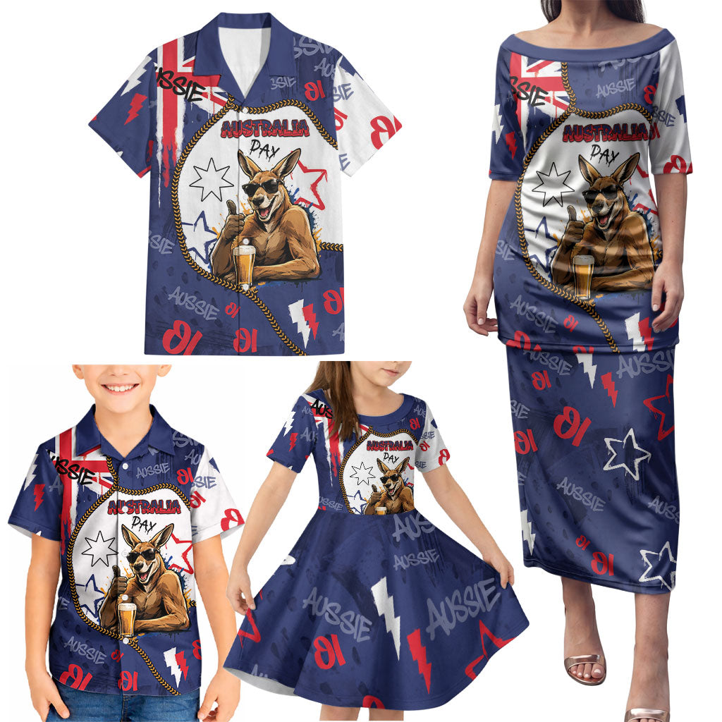 Australia Flag Day Family Matching Puletasi and Hawaiian Shirt Cool Kangaroo Beer Aussie Aussie Oi Oi