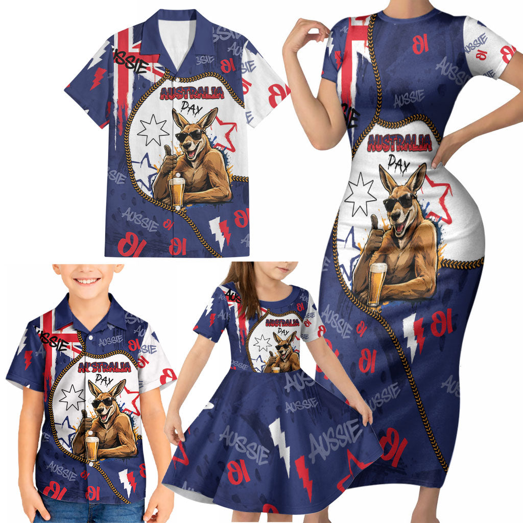 Australia Flag Day Family Matching Short Sleeve Bodycon Dress and Hawaiian Shirt Cool Kangaroo Beer Aussie Aussie Oi Oi