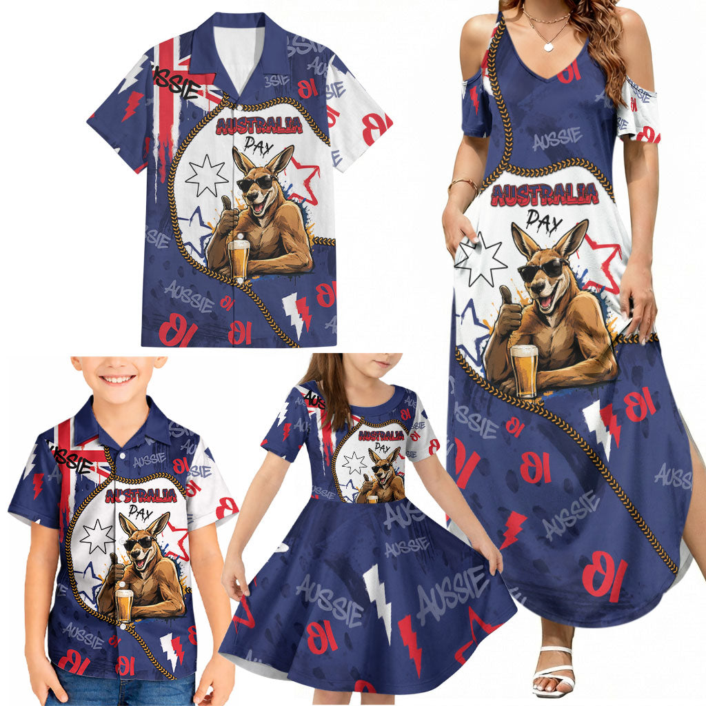 Australia Flag Day Family Matching Summer Maxi Dress and Hawaiian Shirt Cool Kangaroo Beer Aussie Aussie Oi Oi
