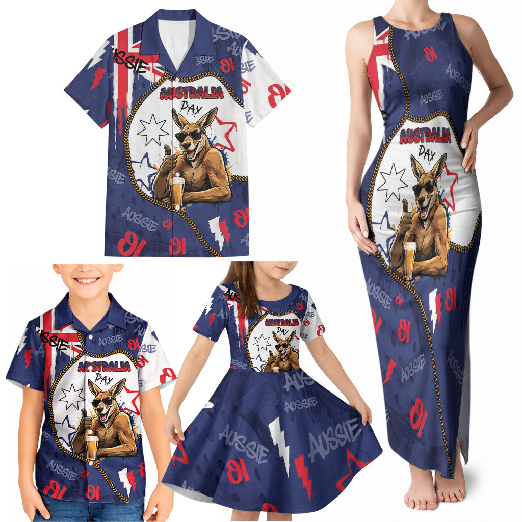 Australia Flag Day Family Matching Tank Maxi Dress and Hawaiian Shirt Cool Kangaroo Beer Aussie Aussie Oi Oi