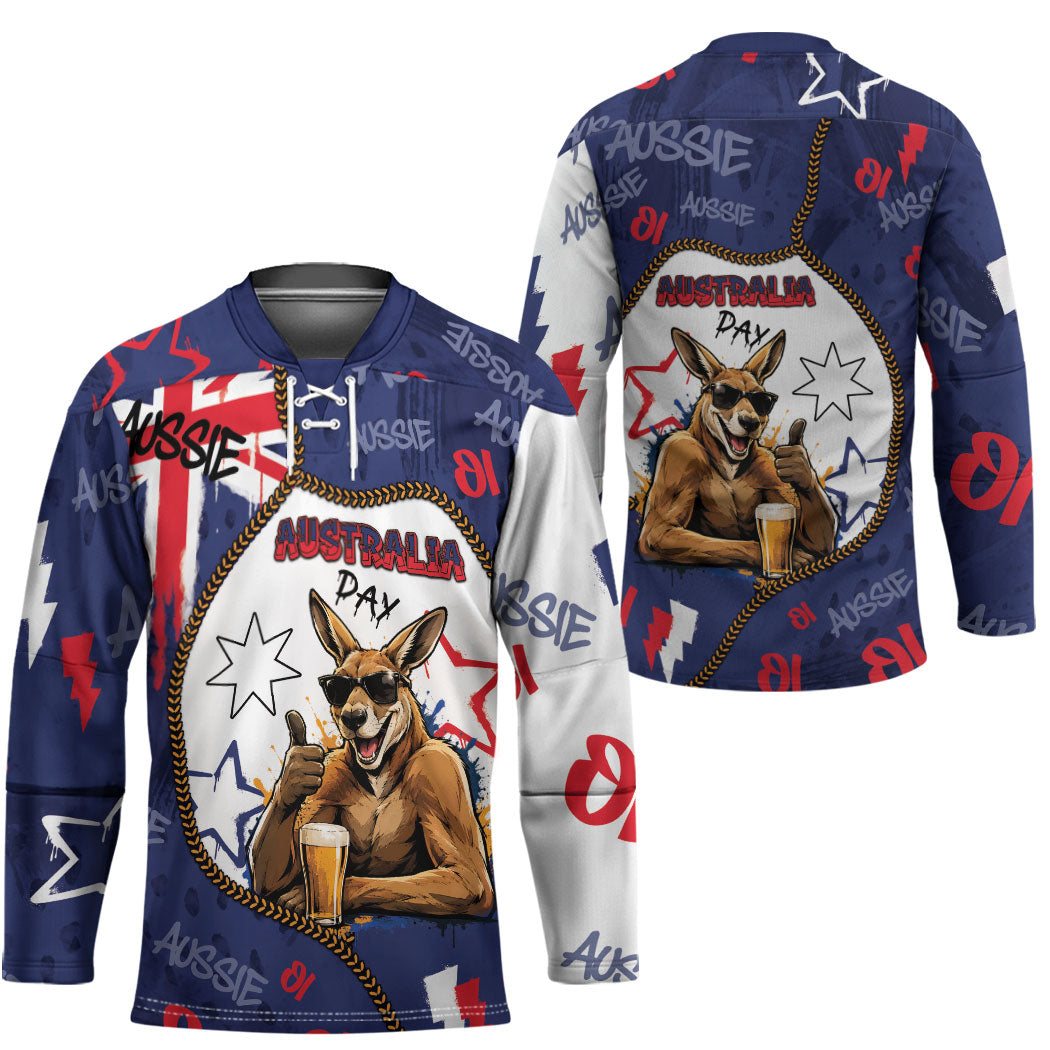 Australia Flag Day Hockey Jersey Cool Kangaroo Beer Aussie Aussie Oi Oi