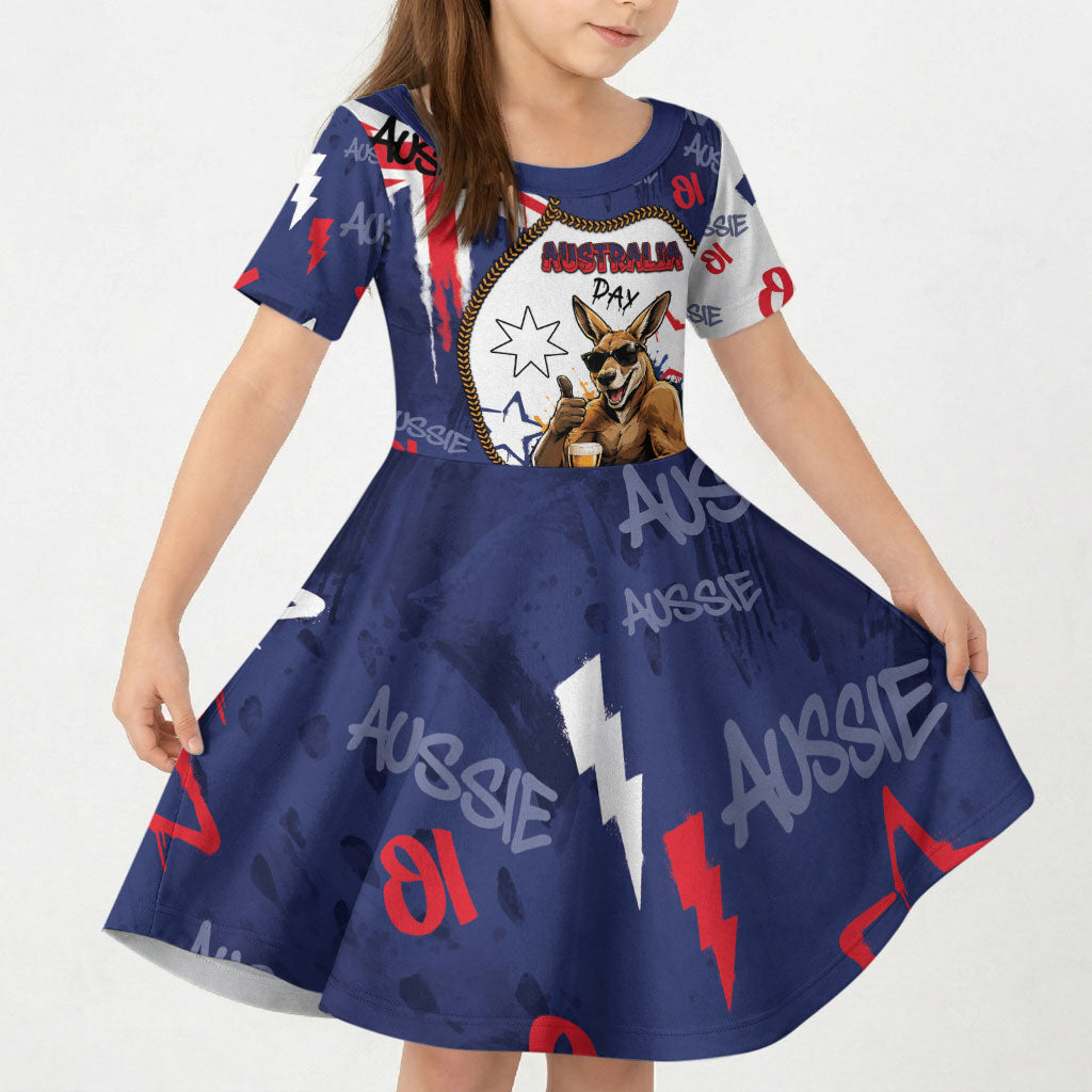Australia Flag Day Kid Short Sleeve Dress Cool Kangaroo Beer Aussie Aussie Oi Oi