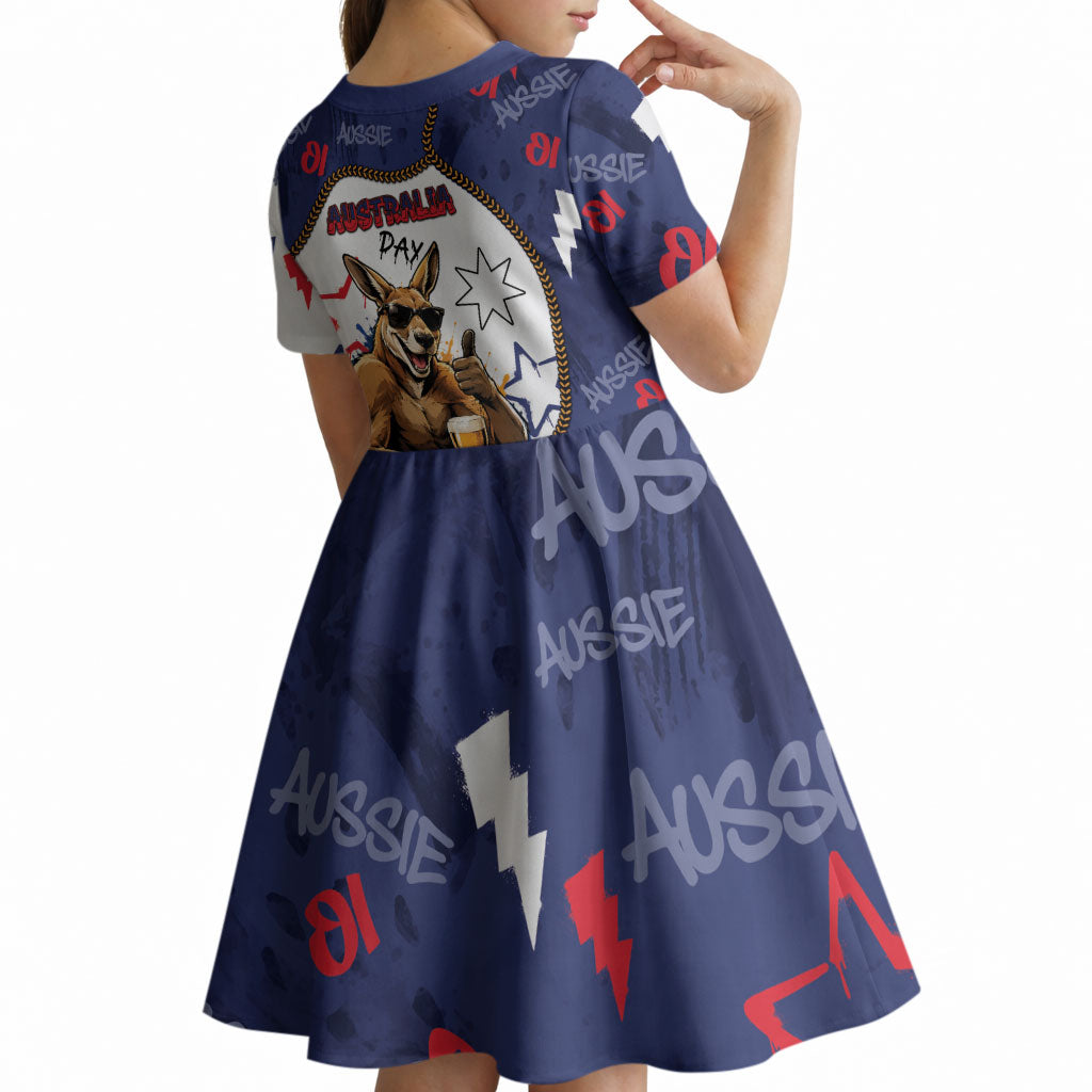 Australia Flag Day Kid Short Sleeve Dress Cool Kangaroo Beer Aussie Aussie Oi Oi