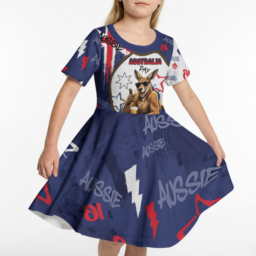 Australia Flag Day Kid Short Sleeve Dress Cool Kangaroo Beer Aussie Aussie Oi Oi
