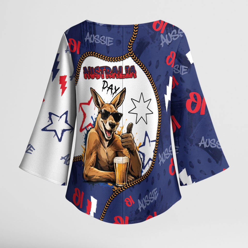 Australia Flag Day Kimono Sleeve Blouse Cool Kangaroo Beer Aussie Aussie Oi Oi