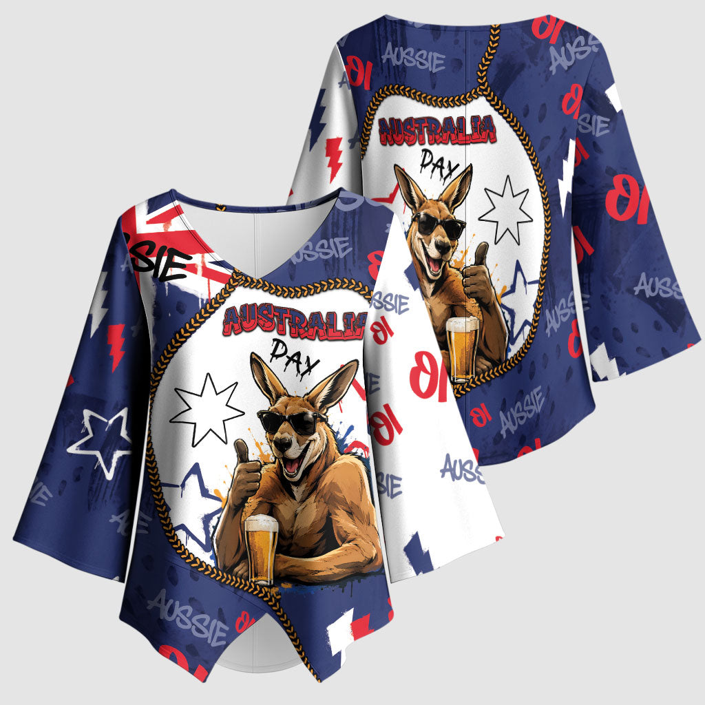 Australia Flag Day Kimono Sleeve Blouse Cool Kangaroo Beer Aussie Aussie Oi Oi