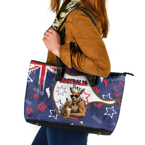 Australia Flag Day Leather Tote Bag Cool Kangaroo Beer Aussie Aussie Oi Oi