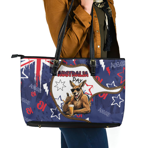 Australia Flag Day Leather Tote Bag Cool Kangaroo Beer Aussie Aussie Oi Oi