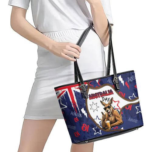 Australia Flag Day Leather Tote Bag Cool Kangaroo Beer Aussie Aussie Oi Oi